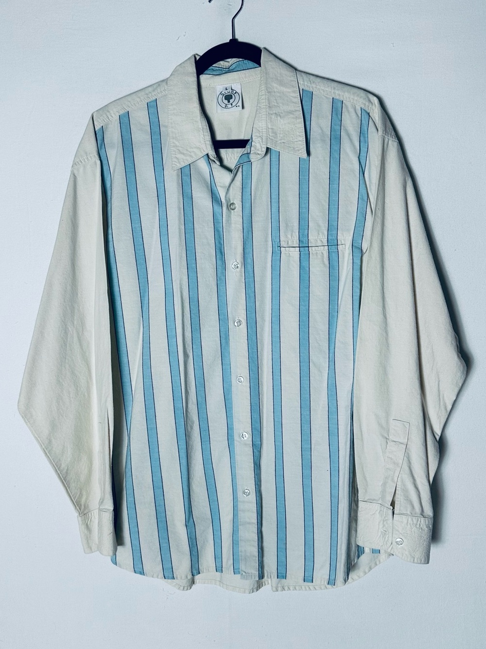 Vintage Ruben Torres Sport Block Stripe Button Down Shirt Blue Cream L Relaxed